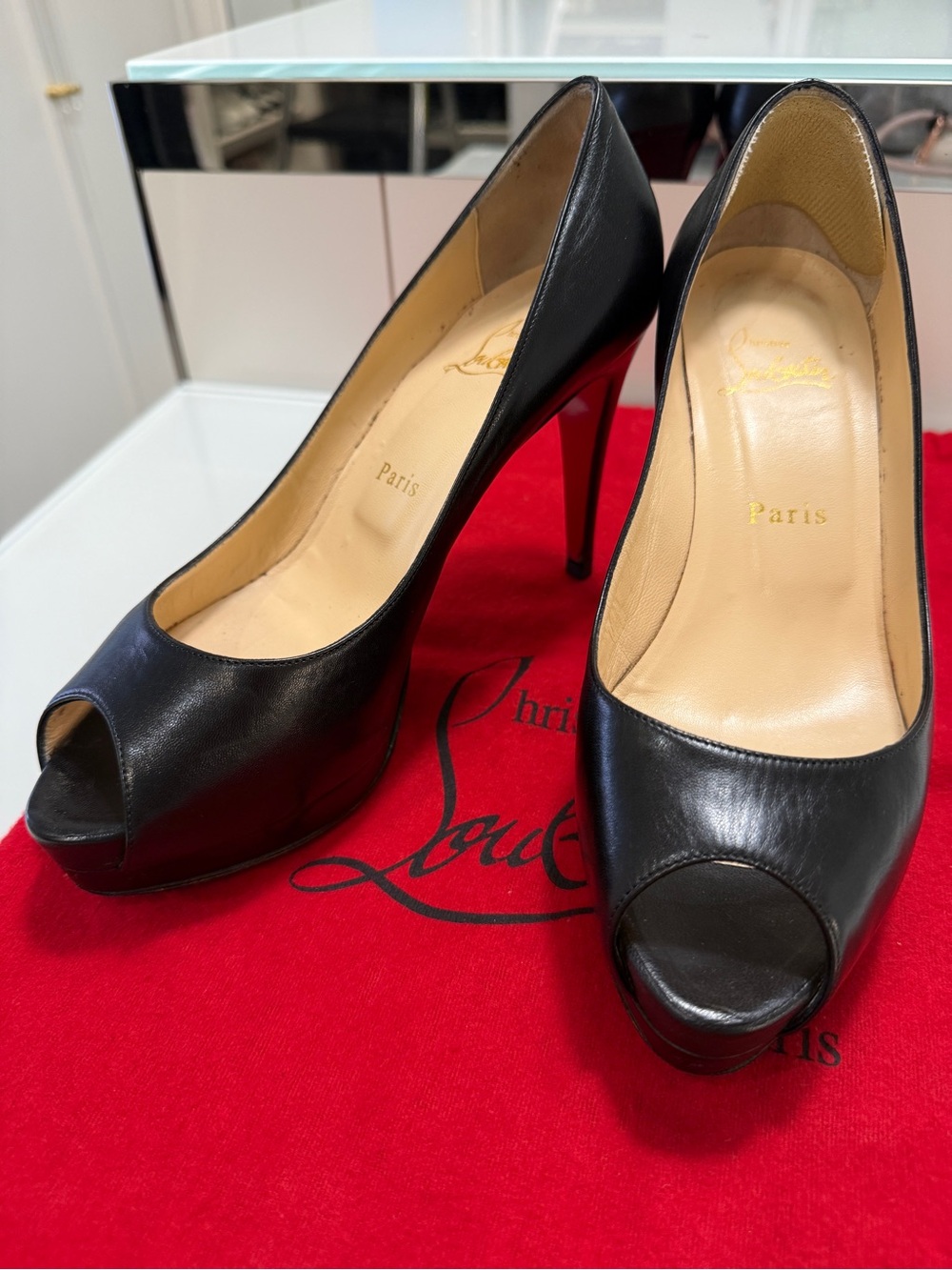 Christian Louboutin Black Leather Peep-Toe Stiletto Pumps with Red Sole